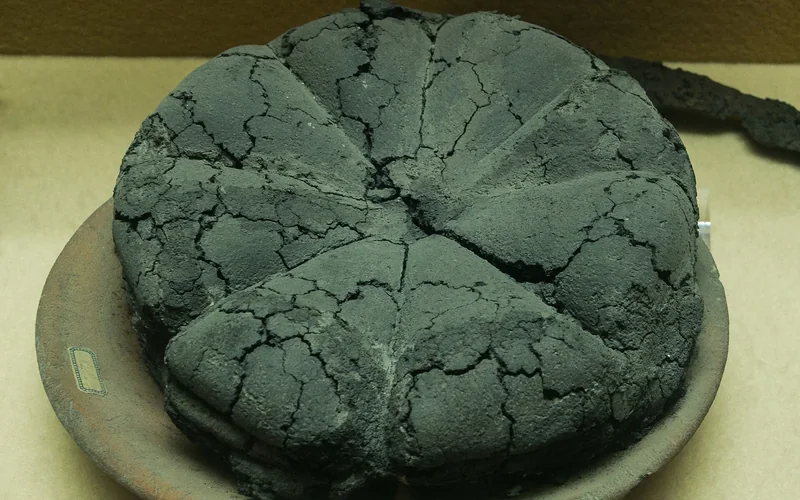 An ancient Roman loaf preserved from Pompeii is displayed as a museum object.