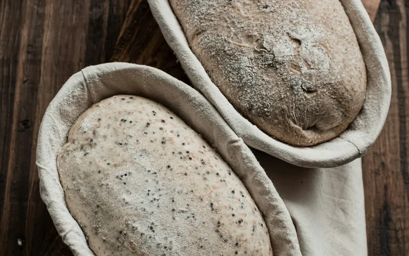 Two shaped loaves rest in flour-dusted proofing baskets.