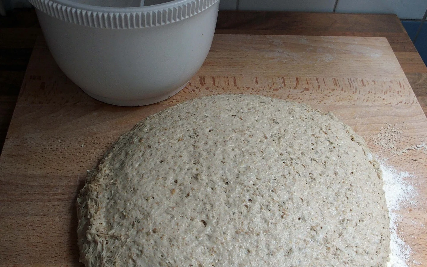 Fermented bread dough shows bubbles on a floured wooden board.