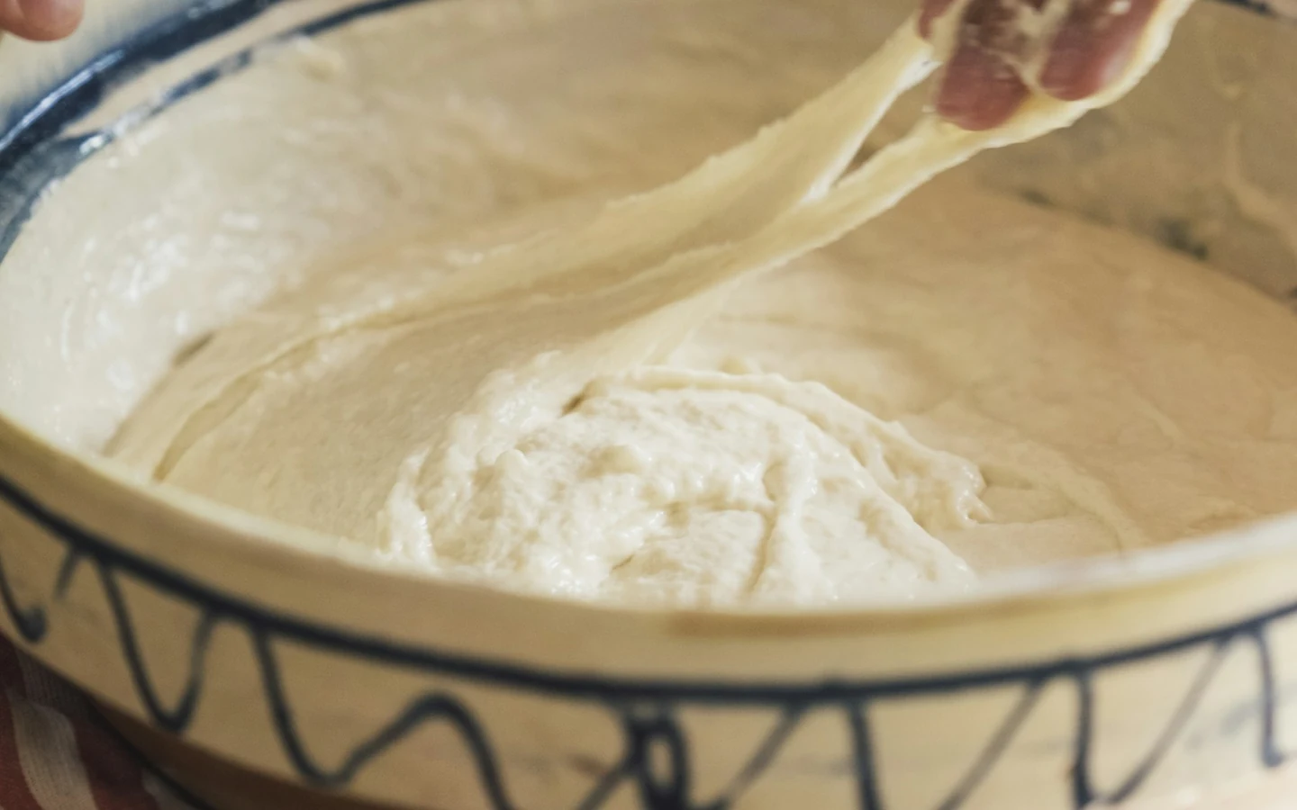 Hands mix bread dough in a patterned bowl.