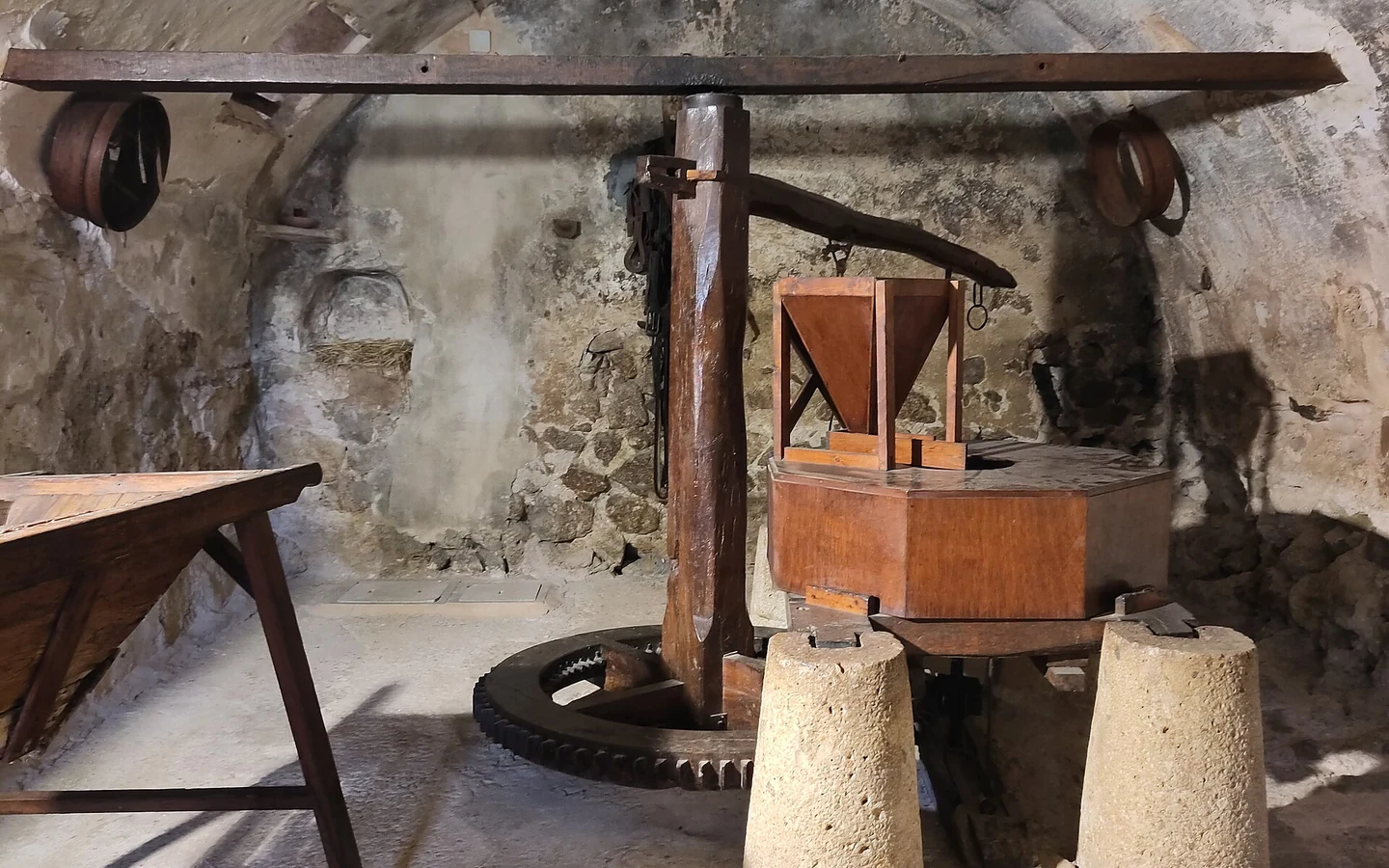 Traditional flour-milling equipment at La Granja in Esporles.